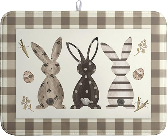 Easter Dish Drying Mat for Counter Bufflao Plaids Bunny Dish Mat Cute Rabbits Eggs Carrot Absorbent Microfiber Dish Draining Mat Reusable Dishes Pad Large 18x24 In