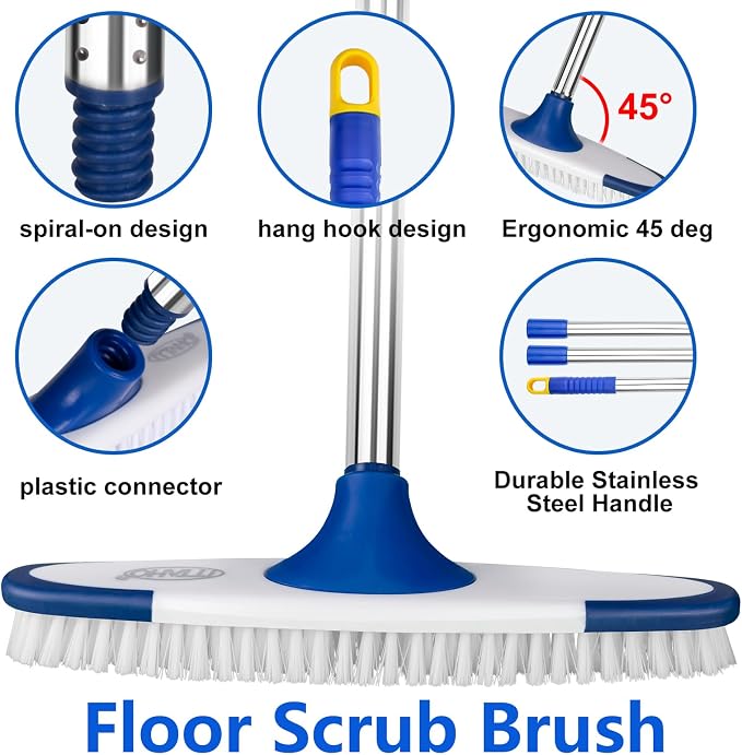 Floor Scrub Brush with Long Handle - 53" Deck & Grout Cleaner Brush Set for Tile, Marble, Stone, Bathroom, Patio, Garage, Deck & Floor Cleaning