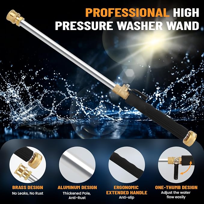 2026 Upagraded Jet Nozzle Power Washer for Garden Hose, Pressure Washer Wand with 3 Different Nozzles and Hose Quick Connectors for Car, Patio,Pet,Window, Black