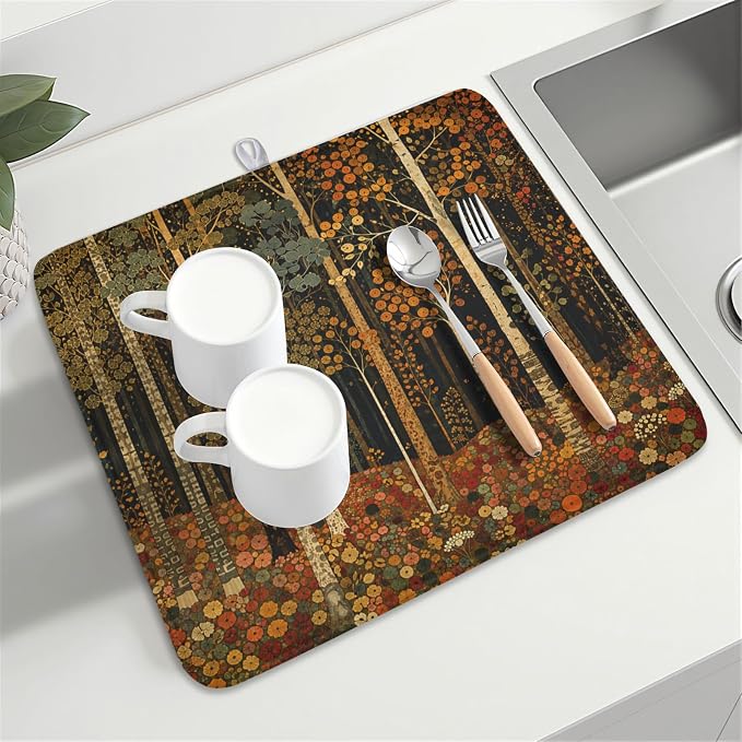 Fall Dish Drying Mat for Kitchen Counter Autumn Forest Vintage Botanical Nature Microfiber Dish Drainer Mat Antique Rustic Farmhouse Absorbent Washable Drying Pad 16"x18"