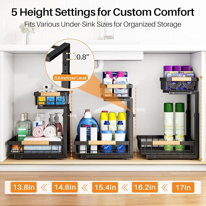 PXRACK Under Sink Organizer, Adjustable Height, 2 Tier Pull Out Under Cabinet Organizer, Slide Out Thickened Metal Under Sink Storage for Kitchen Bathroom Laundry Pantry Cabinet, Black, Small-2-Pack
