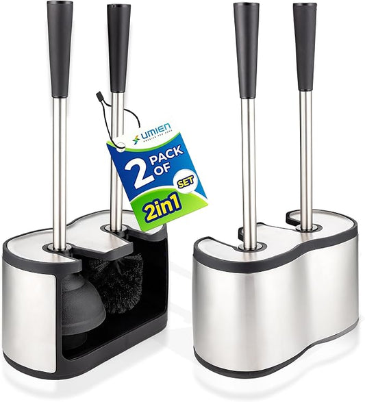 UMIEN 2-Pack Toilet Brush and Plunger Set for Bathroom - Toilet Bowl Brush Plunger Combo with Freestanding Canister - Replaceable Head, No-Rust Stainless Steel, Long Handle - Satin Nickel