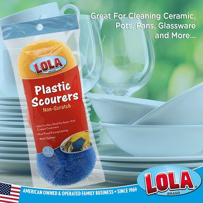 LOLA Plastic Mesh Scouring Pads - 3 Pack, 3.375" x 1.25", Non-Scratch Scrubbers to Clean Dishes, Assorted Colors - 1 Red, 1 Blue & 1 Yellow