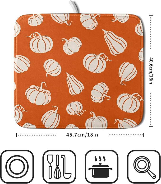 Fall Dish Drying Mat for Kitchen Counter Autumn White Pumpkins Festival Microfiber Absorbent Dish Draining Reusable Washable Foldable 16"x18"