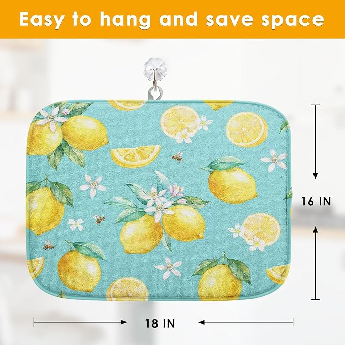 Sanwarm Absorbent Dish Drying Mat, Watercolor Lemons Yellow Fruit Lime Microfiber Pad for Kitchen Counter, Coffee Bar Decor, Heat Resistant and Reversible, 16" x 18"