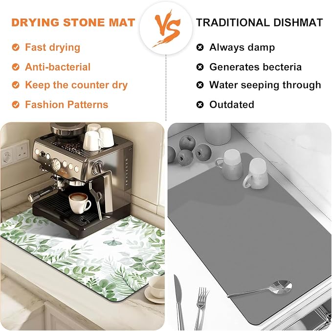 LOKHOM Dish Drying Mat for Kitchen Counter, 12"x20" Absorbent Coffee Bar Mat with Green Plant & Butterfly, Dish Drainer Rack Mats for Kitchen Counter Coffee Maker Pot Dining Room Decoration