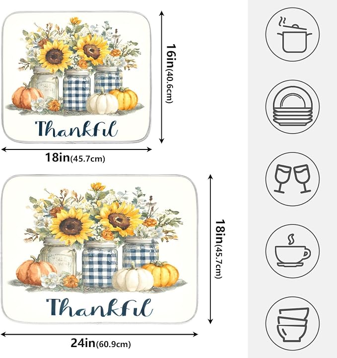 Autumn Pumpkin and Sunflower Floral Vase Dish Drying Mat for Kitchen Counter Absorbent Microfiber Small Drying Pad Dish Mats for Kitchen Countertops 16 x 18 Inch