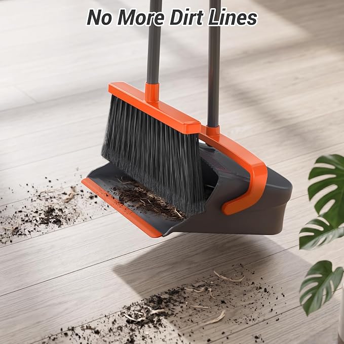 Broom with Dustpan Combo Set, Long Handle Upright Standing Self-Cleaning Broom and Dustpan Set for Pet Hair & Dust Cleanup, Indoor Outdoor Use for Home, Kitchen, Office, Orange & Gray