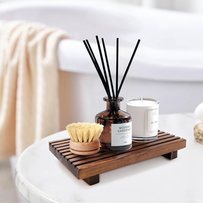 Farmhouse Bathroom Counter Organizer Wooden Display Stand Kitchen Tray | Small Counter Trays Decorative Wood Riser Pedestal Dish Soap Dispenser Holder for Bathroom Decor Sink Accessories Vanity Tray