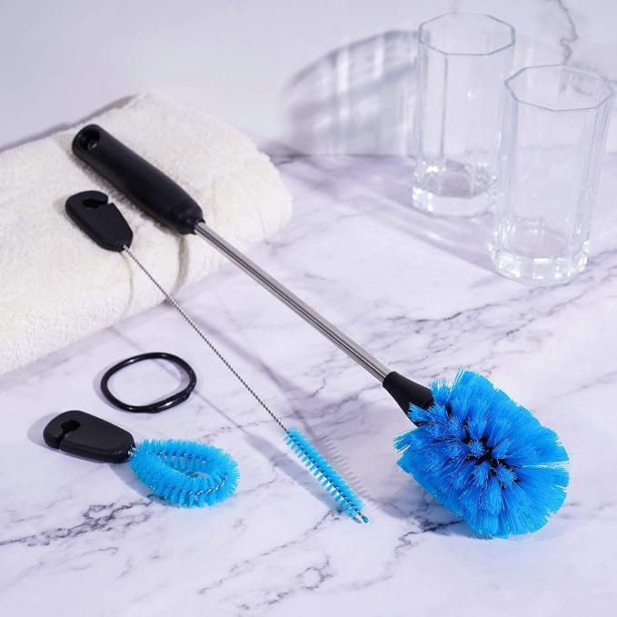 MOSOLAN 3-in-1 Stainless Steel Bottle Brush and Straw Cleaning Set, Long Handle Scrub Brush with Replaceable Head for Water Bottles, Glasswares, Mugs, Flasks, Tumblers, Vases, Round Head