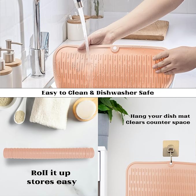 ZLR Heavy-Duty Silicone Dish Drying Mat (16" x 18" / 401 x 455mm) - XL Family-Size Thick 4mm Drainboard for Pots, Pans & Heavy Cookware - Oversized Trivet & Counter Protector, Non-Slip (Peach Pink)