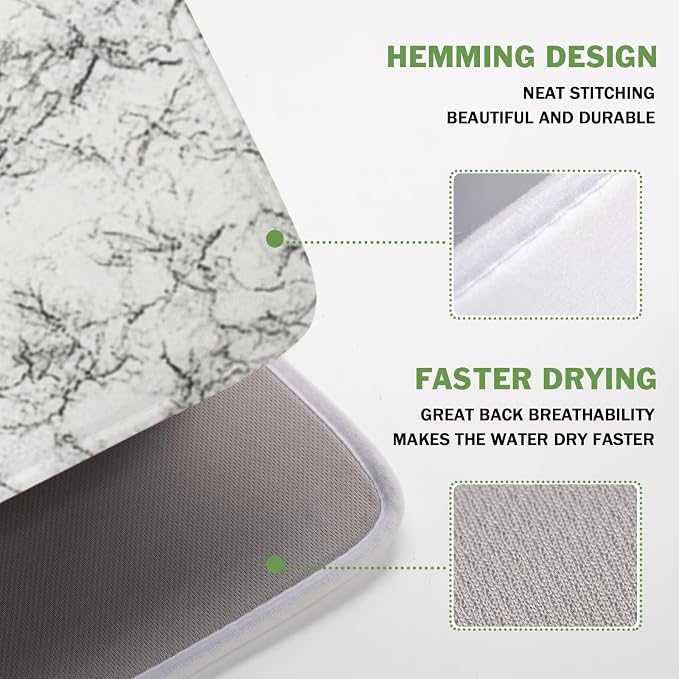 White Grey Marble Dish Drying Mat for Kitchen Counter Modern Marble Pattern Microfiber Dish Drainer Mat Absorbent Washable Drying Pad 16"x18"
