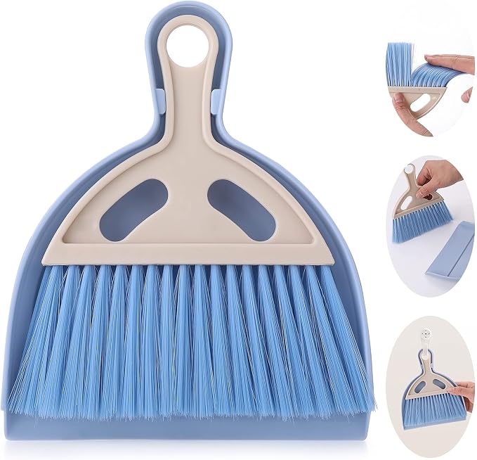 cobee Small Broom and Dustpan Cleaning Set, Mini Whisk Dustpan and Brush with Handle Portable Table Top Dust Pan Dining Table Crumb Sweeper Cleaning Tools with Soft Bristles for Housekeeping(Blue)