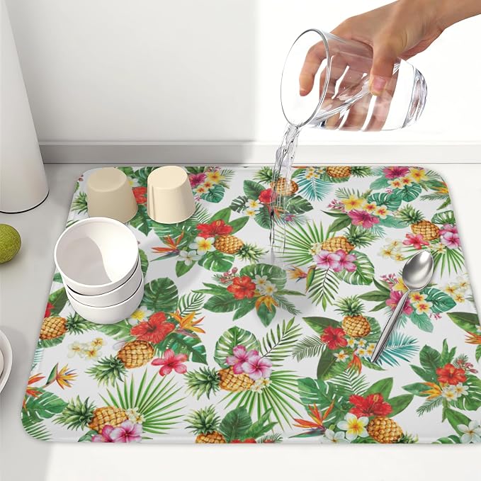 Summer Tropical Dish Drying Mat for Kitchen Counter Hawaii Palm Leaves Floral Pineapple Microfiber Dish Drainer Mat Rustic Absorbent Washable Drying Pad Extra Large 16"x18"