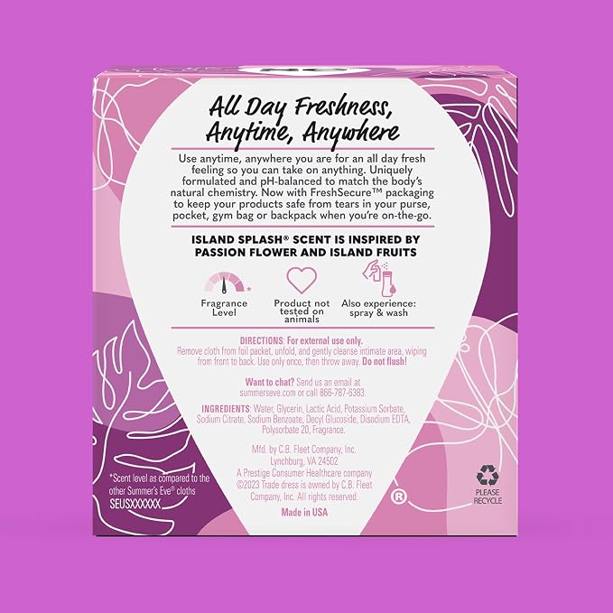 Summer's Eve Feminine Wipes, Island Splash, Individually Wrapped Vaginal Wipes, Feminine Care to Help Remove Vaginal Odor, Gynecologist Tested, 12 Wipes