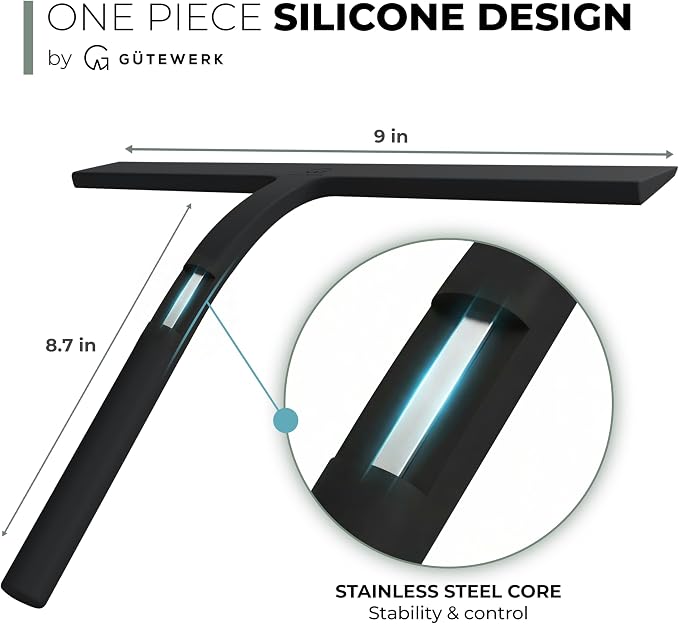 GÜTEWERK Silicone Shower Squeegee for Glass Doors & Mirrors with Stainless Steel Core, Streak-Free & No-Squeak Window Cleaning, 3-in-1 No-Drill Mount (Hook/Suction/Adhesive),Black, 15 Inches