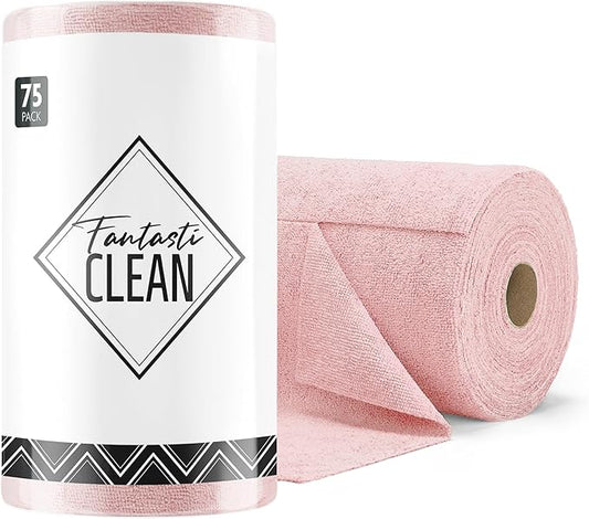 Fantasticlean Microfiber Cleaning Cloth Roll -75 Pack, 12" x 12" (Pink) | Reusable Alternative to Paper Towels, Ultra Absorbent, Lint-free Microfiber Towel Roll, for All-Purpose Cleaning