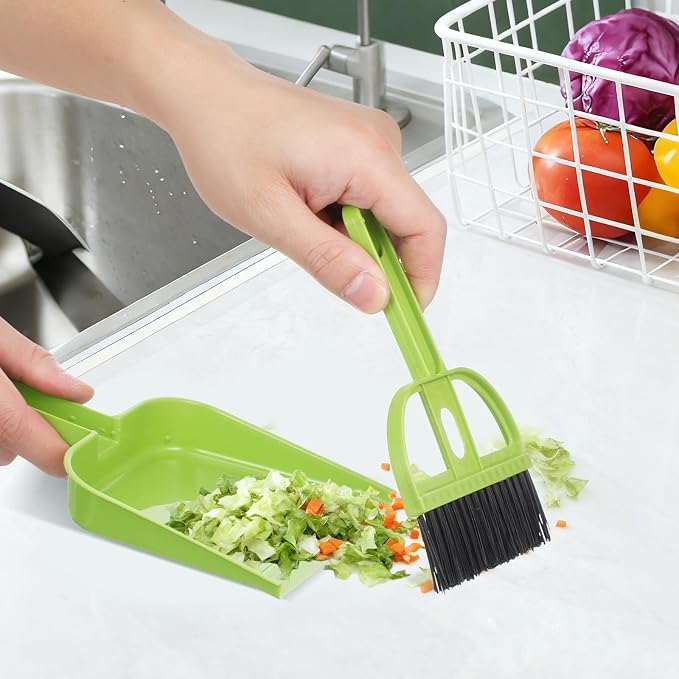 SEWACC 6 Sets Mini Broom and Dustpan Set, Small Brush and Shovel Combination for Desktop Cleaning, Home Office Use, Green Plastic