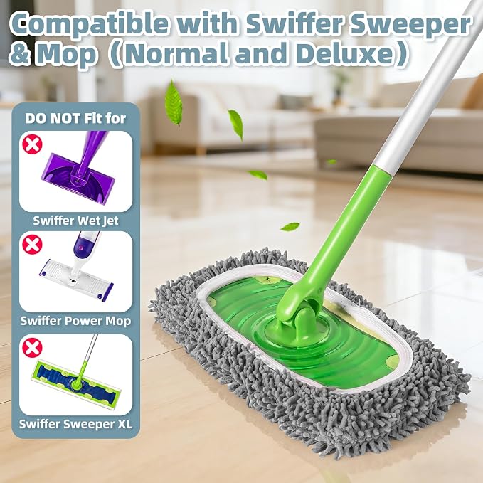 6 Pack Reusable Mop Pads Compatible with Swiffer Sweeper, Washable Wet & Dry Mopping Sweeping Cloth for Multi-Surface Cleaning, Microfiber Chenille Pad Refills (Gray, Not Include MOP)