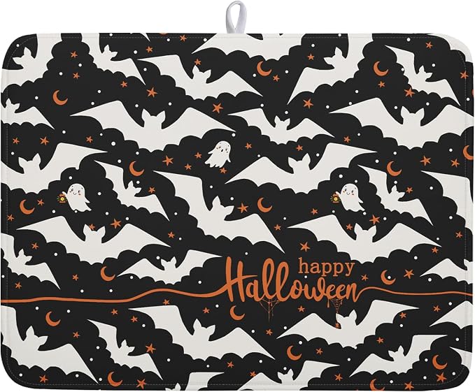 Halloween Drying Mats for Kitchen Counter 18”x24” Happy Halloween Spooky Bat Dishes Pad Microfiber Absorbent Fast Dry Dish Draining Mats Halloween Kitchen Decor Table Protector for Bar Countertop