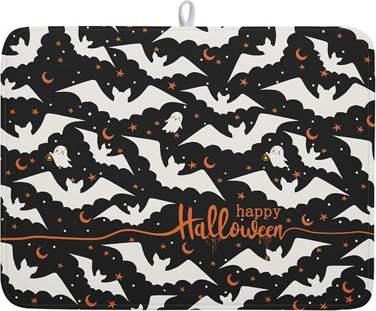 Halloween Drying Mats for Kitchen Counter 18”x24” Happy Halloween Spooky Bat Dishes Pad Microfiber Absorbent Fast Dry Dish Draining Mats Halloween Kitchen Decor Table Protector for Bar Countertop
