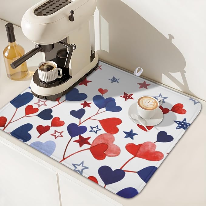 4th of July Dish Drying Mat for Kitchen Counter Patriotic Red Blue Star Love Heart Pattern Microfiber Dish Drainer Mat Independece Day Absorbent Washable Drying Pad 16"x18"