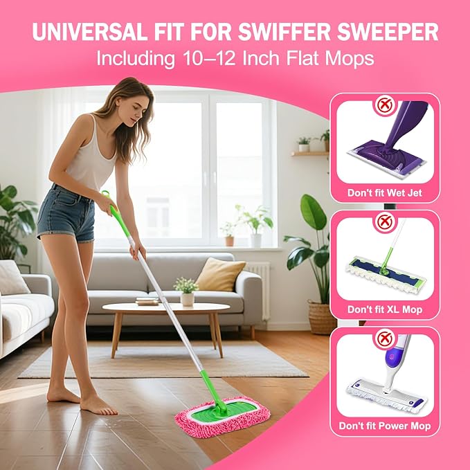 8 Pack Reusable Mop Pads Compatible with Swiffer Sweeper, Dry Sweeping Cloths & Wet Mopping Cloths - Microfiber Mop Pads for Hardwood Floors, Floor Cleaning, Wood Floors (Pink)