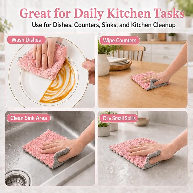 kimteny 12 Pack Dish Cloths for Washing Dishes, Super Absorbent Microfiber Kitchen Dish Rags, Fast Drying Coral Velvet Dish Cloths for Kitchen Counter and Dishes (Pink-Grey)