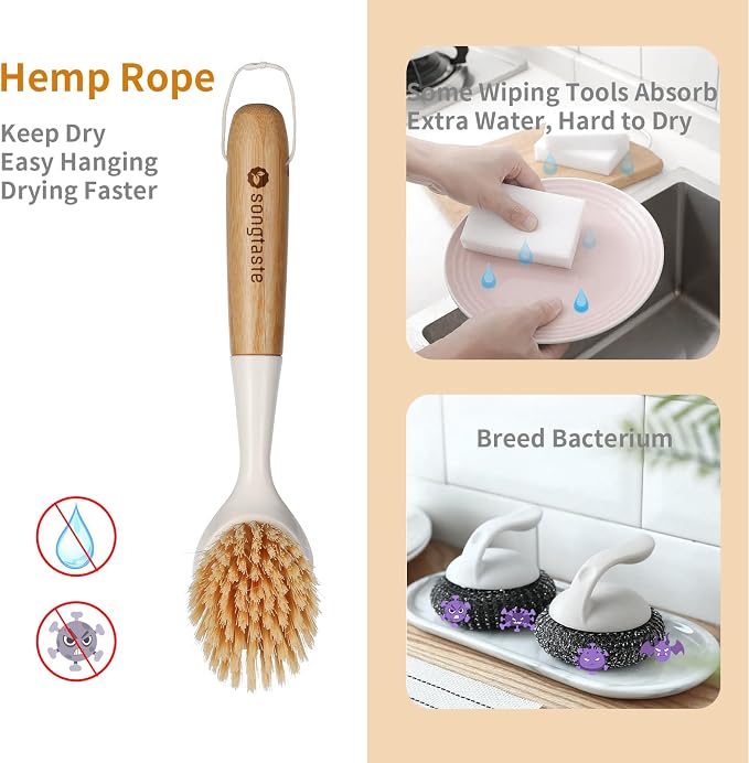 2 Pack Kitchen Dish Brush Bamboo Handle Dish Scrubber Built-in Scraper, Scrub Brush for Pans, Pots, Kitchen Sink Cleaning, Dishwashing and Cleaning Brushes are Perfect Cleaning Tools, White