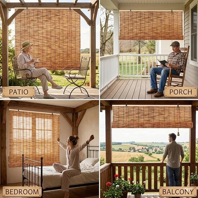 Retro Bamboo Shades for Outdoor Patio Privacy, Waterproof Bamboo Blinds, Natural Reed Bamboo Roll Up Blinds, Bamboo Roller Shades for Porch Gazebo Deck Windows, Sizes 16" to 80" Wide(42" W x 64" H)