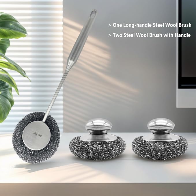 Stainless Steel Wool Scrubber Set, Long HandleBrushes for Pots, Pans, Grills & Cutlery Cleaning (3 Pack)
