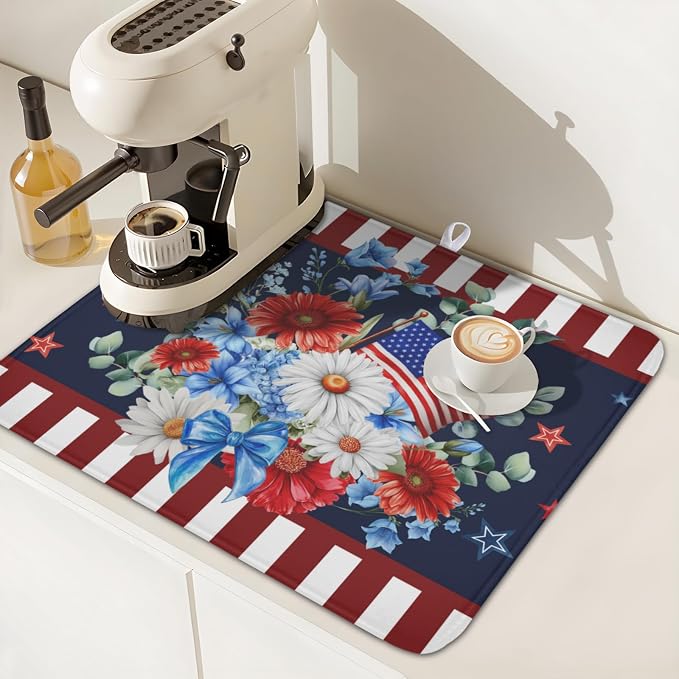 4th of July Dish Drying Mat for Kitchen Counter Patriotic Red Blue and White Floral American Flag Microfiber Dish Drainer Mat Absorbent Washable Drying Pad Extra Large 16"x18"