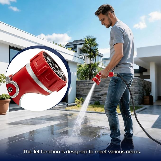 HugeDawn Garden Hose Nozzle with 7 Spray Patterns, Heavy Duty Metal Sprayer 30% Greater Water Flow for Watering, Car Wash, Outdoor Cleaning (Red)