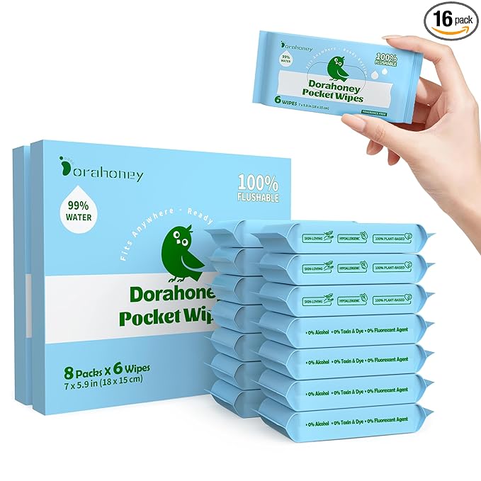 Flushable Wipes Travel Size, 99% Water Mini Wet Wipes for Sensitive Skin, Hypoallergenic & Unscented On The Go Pocket Wipes, 96 Count (16 Packs of 6)