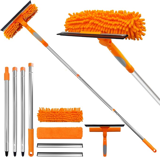 2 in 1 Window Squeegee Cleaner Kit Extension Pole, 67 in, Orange | Window Washing Equipment with Bendable Head for Indoor & Outdoor High Windows and Car Glass
