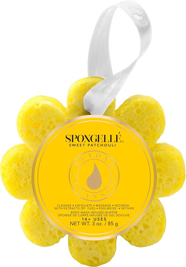 Spongellé Sweet Patchouli Wild Flower Bath Sponge | Built-in Body Wash & Body Scrubber, Shower Loofah Sponge for Women | 14+ uses