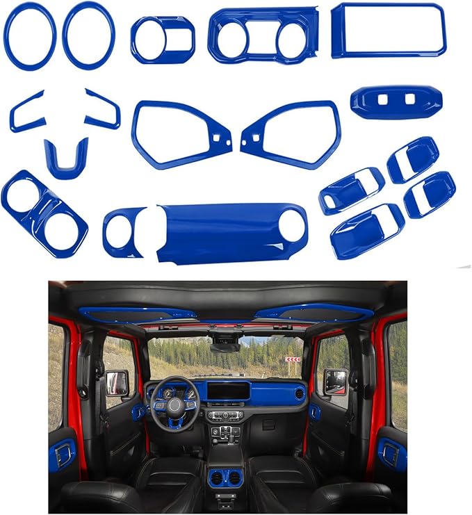 21PCS Full Set Interior Trim Kit for 2024-2026+ Jeep Wrangler JL JLU & Jeep Gladiator JT, Dashboard Side Outlet Door Handle Bowl Headlight Switch Roof Reading Light Cover (Blue)