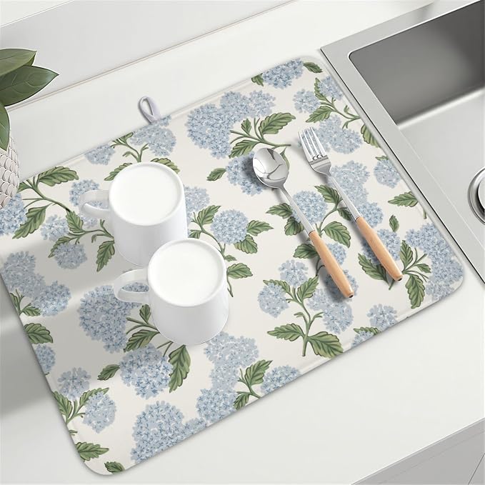 Blue Hydrangea Floral Dish Drying Mat for Kitchen Counter Spring Summer Vintage Flower Microfiber Dish Drainer Mat Rustic Farmhouse Absorbent Washable Drying Pad Extra Large 18"x24"