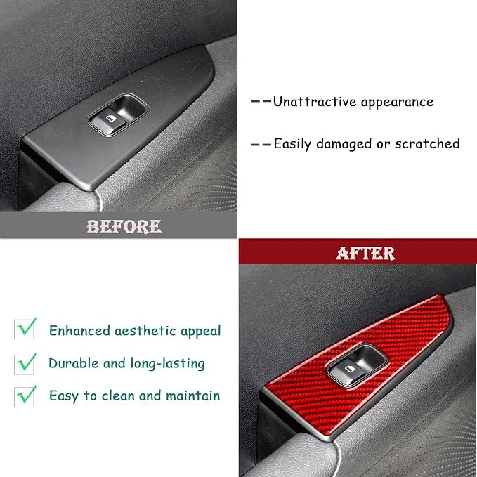 Red Real Carbon Fiber Trim for KIA Forte K3 Accessories | for 2019 2020 2021 2022 2023 2024 Window Lift Button Panel Sticker Interior Thick Overlay Decal
