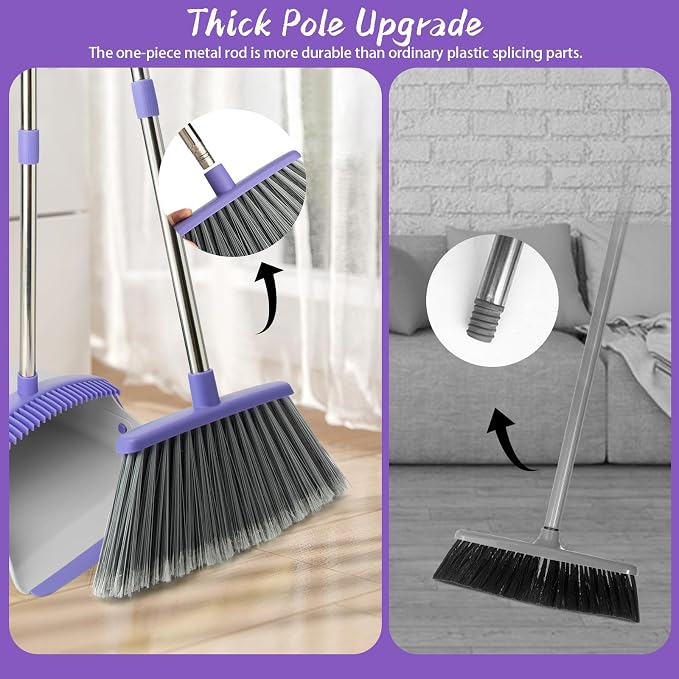 Broom and Dustpan Set with 51" Adjustable Long Handle-Gray Purple | Long Handle and Standing Dust Pan with Comb Teeth, Efficient Floor Cleaning for Kitchen, Outdoor, Dorm, Apartment, Office
