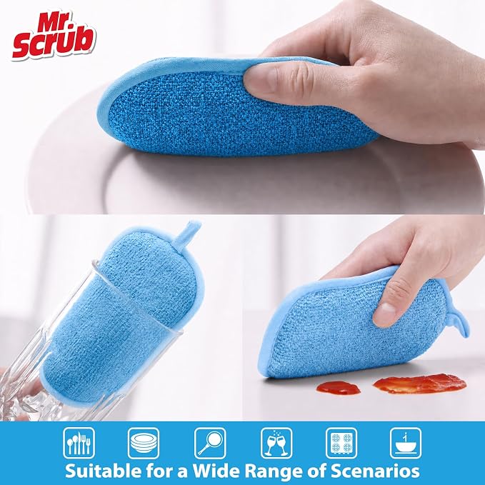 Mr. Scrub Sponges Kitchen Dish Sponge for Washing Dishes Cleaning Kitchen, 5 Pack, Non Scratch, Rough Scrubbers Side for Non-Stick Cookware, Soft Microfiber Scrub Side for Dishes, Multicolor