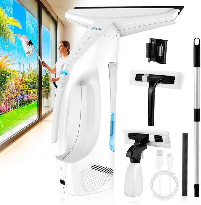 Window Vacuum Squeegee Cordless,Electric Window Cleaner with Extension Pole | Streak-Free Glass Cleaner for Shower Doors,Windows,Mirrors,Tiles,2000Pa Suction,2200mAh Battery,150ml Tank,2 Squeegee Blades.