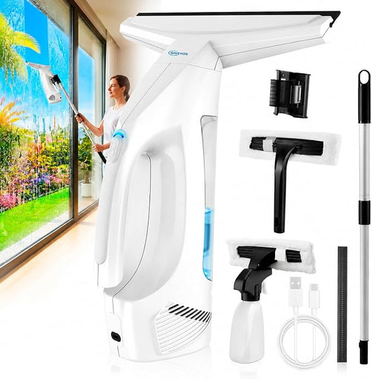 Window Vacuum Squeegee Cordless,Electric Window Cleaner with Extension Pole | Streak-Free Glass Cleaner for Shower Doors,Windows,Mirrors,Tiles,2000Pa Suction,2200mAh Battery,150ml Tank,2 Squeegee Blades.