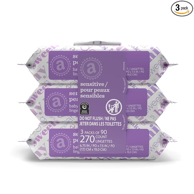 Amazon Elements Baby Wipes, Sensitive, Unscented, Cleans Gently, 270 Count, Flip-Top Packs, Pack of 3