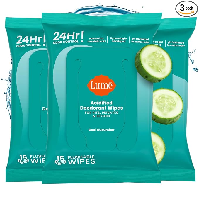 Lume Acidified Deodorant Wipes - 24 Hour Odor Control - Aluminum Free, Baking Soda Free, Skin Loving - 15 Count (Pack of 3) (Cool Cucumber)