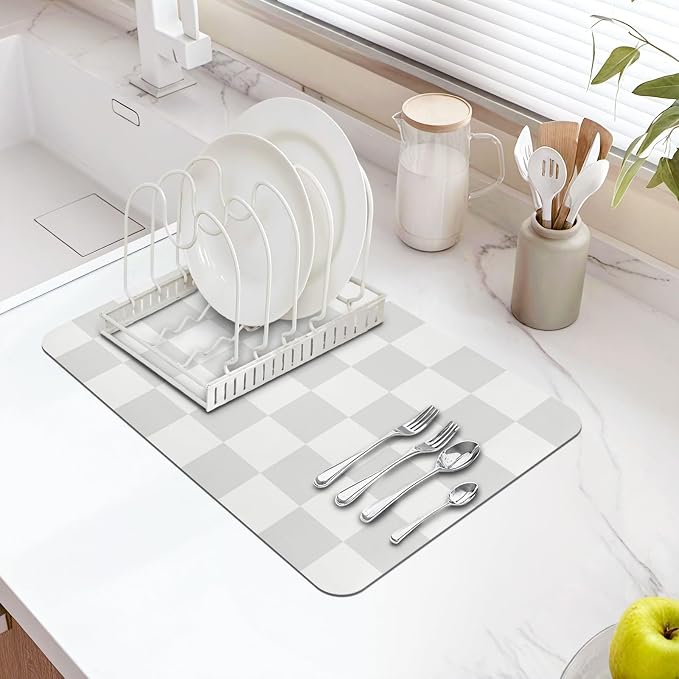 Dish Drying Mat for Kitchen Counter,12"x 19" Super Absorbent Kitchen Dish Drying Pad, Coffee Bar Mat with Rubber Backed, Coffee Bar Accessories for Countertop Dishes Utensils,Grey Checkered