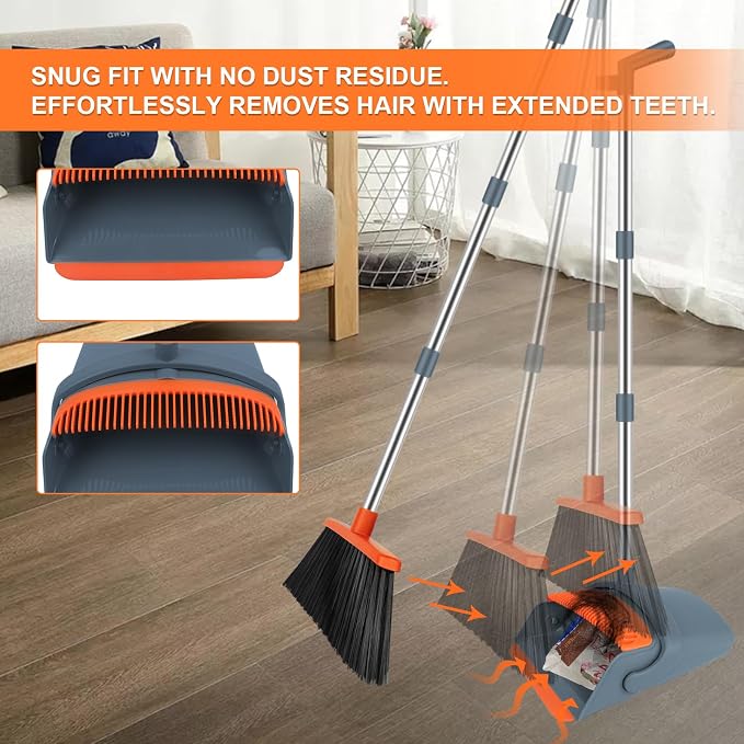 Broom and Dustpan Combo Set, 51" Long Handle Broom with Mini Set | Mini Set for Tables, Kitchens & Tight Spaces, Built-in Comb Dustpan, Foldable Space-Saving Storage, Multi-Surface Use