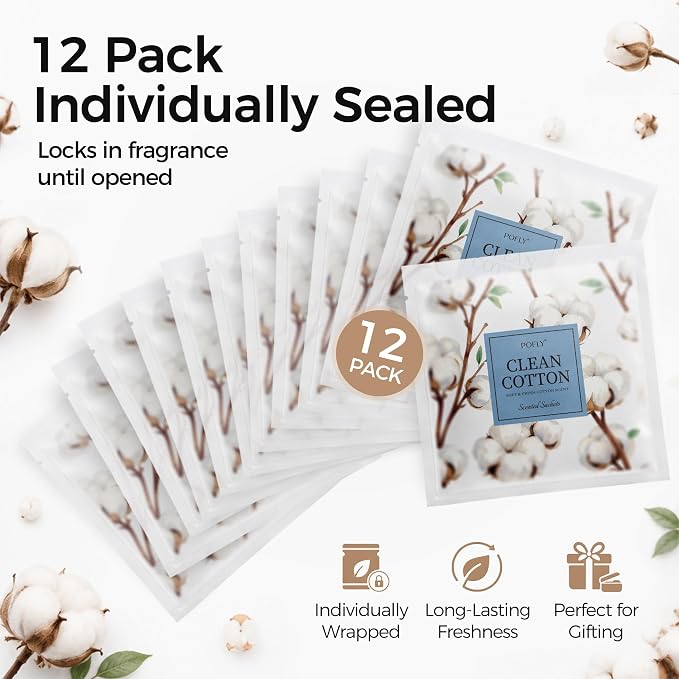 12 Pack Clean Cotton Scented Sachets, Air Freshener for Small Spaces | Hanging Sachet Bags with Retractable Hook; Closet Deodorizer & Odor Eliminator for Drawers, Shoe Cabinets, Cars & Luggage
