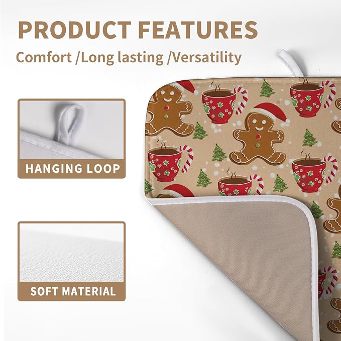 Christmas Gingerbread Man Dish Drying Mat for Kitchen Counter 16x18 Inch Winter Cute Candy Cane Hot Cocoa Xmas Tree Microfiber Drying Mats Orange Super Absorbent Dish Drainer Mats Washable Dish Pad