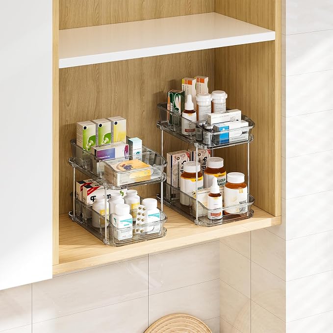 Delamu 2-Tier Under Sink Organizers and Storage, Multi-Purpose Stackable Bathroom Cabinet organizers, Pull Out Kitchen Pantry Organization and Storage with Dividers(3 Pack, Grey)